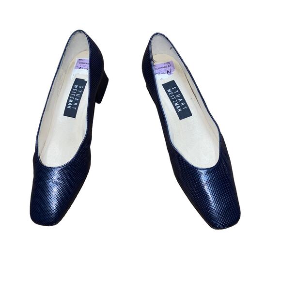Stuart Weitzman Navy Blue Textured Leather Square Toe Block Heels Size 7 AA - Picture 1 of 10